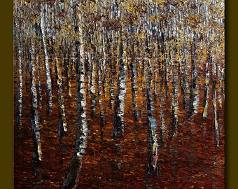 Modern Landscape Painting Birch Forest Oil on Canvas Textured Palette Knife Original Tree Art 30X30 by Willson Lau