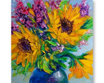 Original Sunflowers Oil Painting Textured Palette Knife Contemporary Floral Modern Art 16X16 by Willson