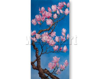 Original Yulan Blossoms Textured Palette Knife Floral Modern Art Magnolia Flower Large Oil Painting 24X48 by Willson Lau