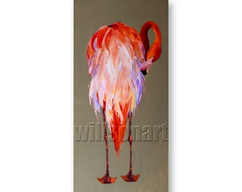 Original Flamingo Oil Painting Textured Palette Knife Contemporary Modern Animal Art 15X30 by Willson Lau