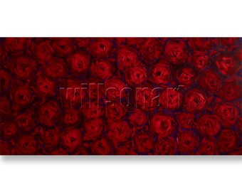 Red Roses Original Floral Oil Painting Textured Palette Knife Flower Modern Art 24X48 by Willson Lau