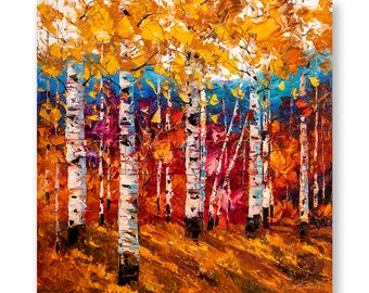 Autumn Birch Tree Forest Landscape Painting Oil on Canvas Textured Palette Knife Modern Original Art Seasons 24X24 by Willson Lau