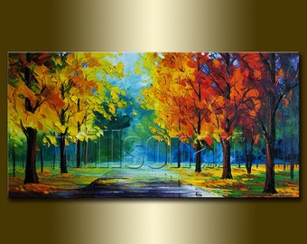 CUSTOM Seasons Tree Textured Palette Knife Autumn Landscape Painting Oil on Canvas Original Modern Art by Willson