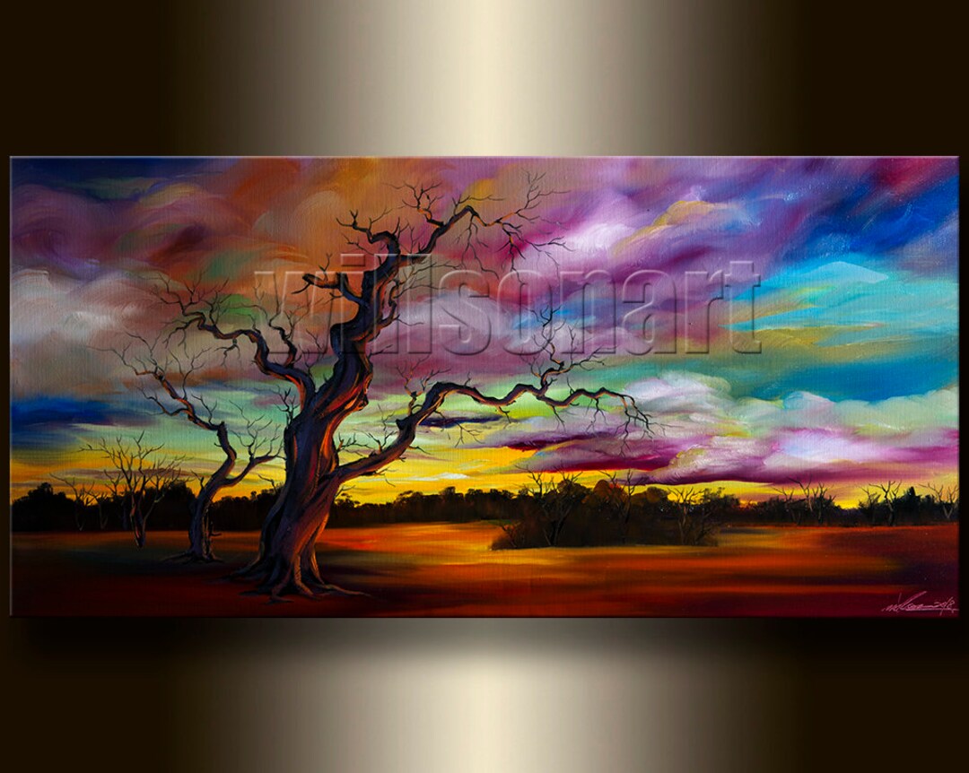 Modern Landscape Original Canvas Oil Painting Abstract Tree Art 24X48 ...