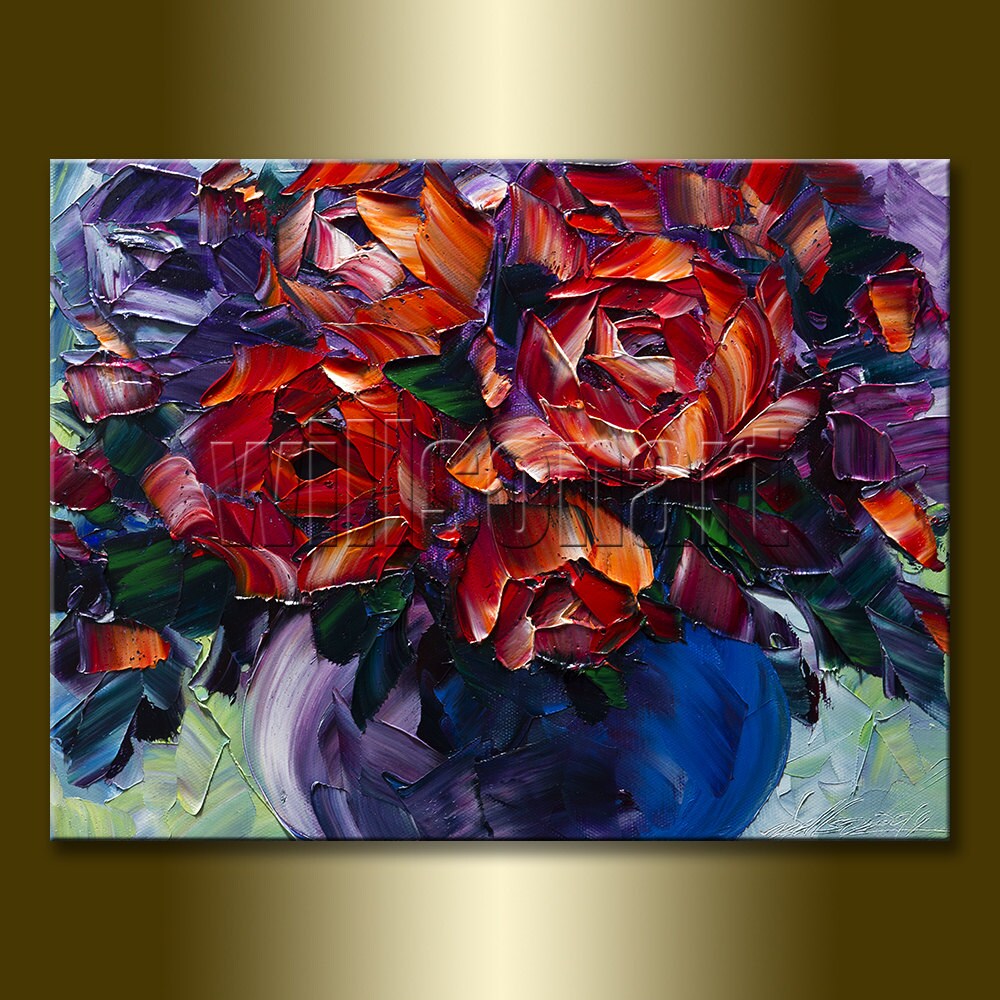 Floral Canvas Modern Flower Oil Painting Roses Textured Etsy