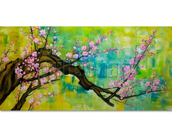 Oil Painting Asian Blossoms Original Asian Zen Art Modern Flower Canvas 24X48 by Willson Lau