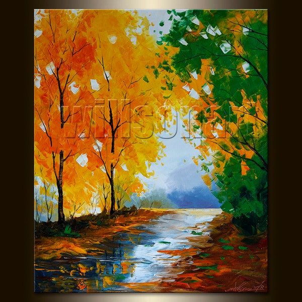 Original Autumn Landscape Painting Oil on Canvas Textured Palette Knife Contemporary Modern Tree Art Seasons 20X24 by Willson