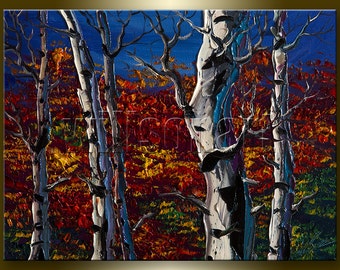 Autumn Landscape Painting Birch Tree Forest Oil on Canvas Textured Palette Knife Modern Original Art 12X16 by Willson Lau