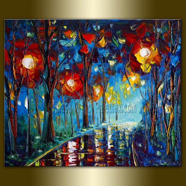 Original Textured Palette Knife Landscape Painting Oil on Canvas Modern Art Rainy Night 20X24