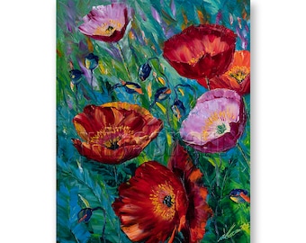 Modern Flower Poppy Oil Painting Textured Palette Knife Contemporary Floral Original Art Poppies 16X20 by Willson Lau