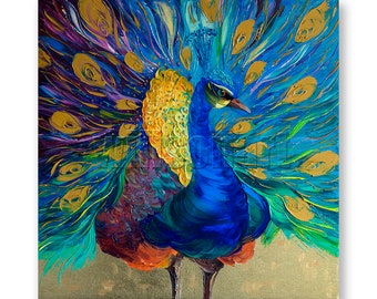 Peacock Oil Painting Textured Palette Knife Contemporary Modern Original Animal Art 24X24 by Willson Lau