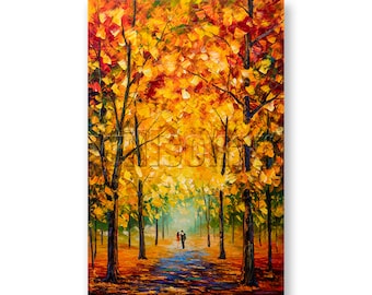 Seasons Tree Autumn Landscape Painting Oil on Canvas Textured Palette Knife Abstract Modern Original Art 30X45 by Willson Lau