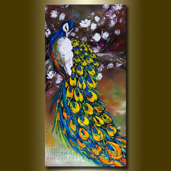 Original Peacock Oil Painting Textured Palette Knife Contemporary Modern Animal Art 20X40 by Willson Lau