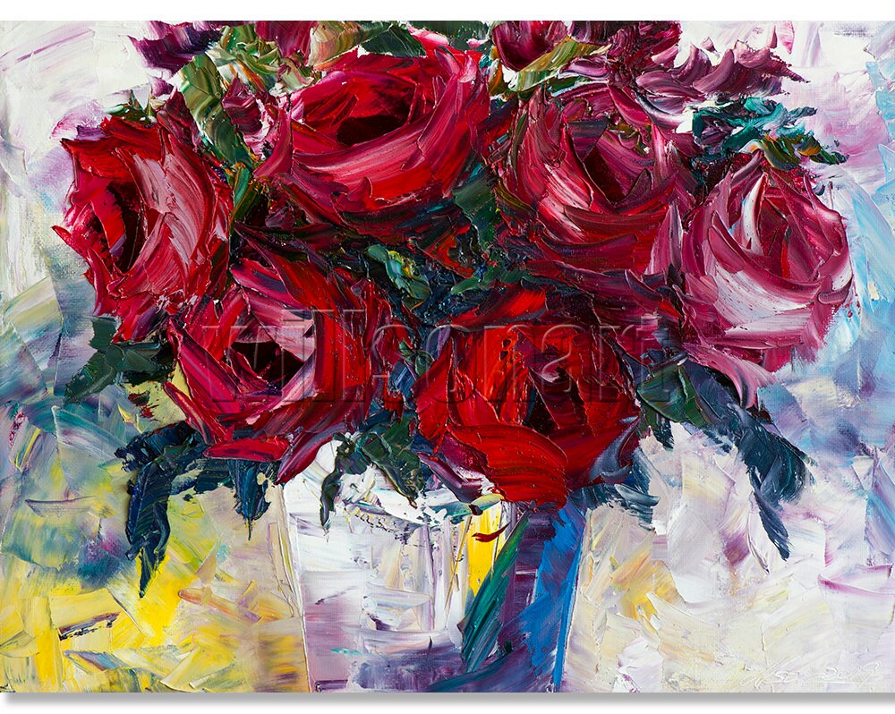 Floral Canvas Modern Flower Oil Painting Roses Textured Etsy