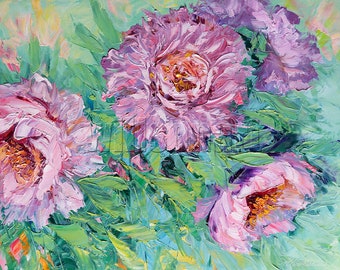 Original Peony Floral Textured Palette Knife Painting Oil on Canvas Contemporary Modern Art Peonies 16X20 by Willson Lau