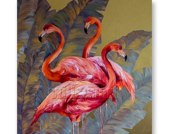 Flamingo Couple Modern Animal Oil Painting Textured Palette Knife Contemporary Original Bird Art 30X30 by Willson Lau