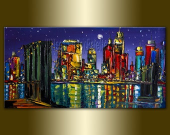 CUSTOM Original Modern City at Night Cityscape Painting Oil on Canvas Palette Knife Textured Abstract Contemporary Art by Willson Lau