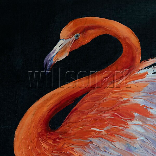 Flamingo Modern Animal Oil Painting Textured Palette Knife Contemporary Original Bird Art 16X20 by Willson Lau