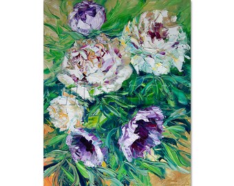 Original Peony Floral Textured Palette Knife Painting Oil on Canvas Contemporary Modern Art Peonies 16X20 by Willson Lau