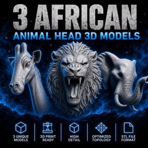 Könnte beinhalten: Drei graue 3D-Tierkopfmodelle mit einer Giraffe, einem brüllenden Löwen und einem Elefanten. Der Text lautet 3 AFRICAN ANIMAL HEAD 3D MODELS, 3 UNIQUE MODELS, 3D PRINT READY, HIGH DETAIL, OPTIMIZED TOPOLOGY und STL FILE FORMAT auf blauem Grund.