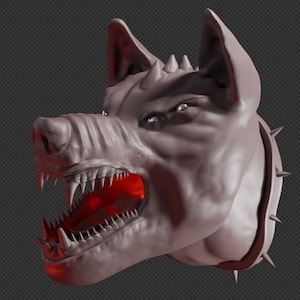 May include: A sculpted, monochromatic gray wolf head with pointed ears, a spiked collar, and a snarling expression. The open mouth reveals sharp teeth and a glowing, vibrant red interior, while small spikes protrude from the top of the head.