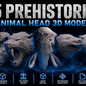 Könnte beinhalten: Fünf graue 3D-Modelle von prähistorischen Tierköpfen, darunter ein Nashorn, ein Säbelzahntiger, ein Mammut und zwei Bären. Der Text lautet 5 PREHISTORIC ANIMAL HEAD 3D MODELS, 5 UNIQUE MODELS, 3D PRINT READY, HIGH DETAIL, OPTIMIZED TOPOLOGY, STL FILE FORMAT.
