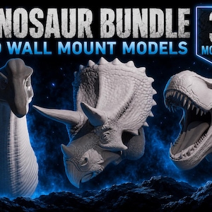 May include: A dinosaur bundle featuring three 3D wall mount models. The set includes a long-necked sauropod, a triceratops with horns, and a roaring tyrannosaurus rex. The text DINOSAUR BUNDLE 3D WALL MOUNT MODELS and 3 MODELS is displayed.