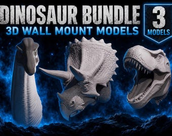 May include: A dinosaur bundle featuring three 3D wall mount models. The set includes a long-necked sauropod, a triceratops with horns, and a roaring tyrannosaurus rex. The text DINOSAUR BUNDLE 3D WALL MOUNT MODELS and 3 MODELS is displayed.