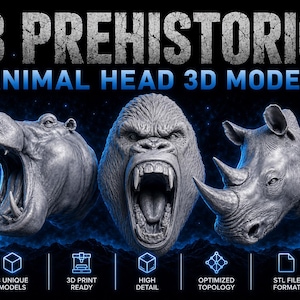 Könnte beinhalten: Drei graue 3D-Tierkopfmodelle, die ein Flusspferd, einen Gorilla und ein Nashorn zeigen. Der Text lautet 3 PREHISTORIC ANIMAL HEAD 3D MODELS, 3 UNIQUE MODELS, 3D PRINT READY, HIGH DETAIL, OPTIMIZED TOPOLOGY und STL FILE FORMAT.