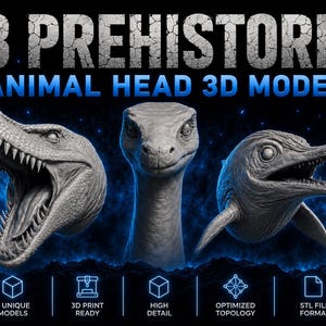 Könnte beinhalten: Drei graue 3D-Modelle von prähistorischen Tierköpfen, darunter ein Dinosaurier mit scharfen Zähnen, ein langhalsiges Wesen und ein Meeresreptil. Der Text lautet 3 PREHISTORIC ANIMAL HEAD 3D MODELS, 3 UNIQUE MODELS, 3D PRINT READY, HIGH DETAIL, OPTIMIZED TOPOLOGY, STL FILE FORMAT.