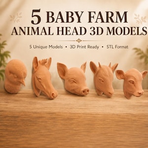 以下が含まれることがあります： ヒヨコ、ロバ、ブタ、ヤギ、子牛の5種類の動物の頭部3Dモデル。テキストには「5 BABY FARM ANIMAL HEAD 3D MODELS」「5 Unique Models」「3D Print Ready」「STL Format」と記載されています。テラコッタ色のデジタルファイルです。