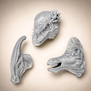 STL-Bundle mit pflanzenfressenden Dinosaurierköpfen – Wandhalterungen für Pachycephalosaurus, Parasaurolophus und Corythosaurus