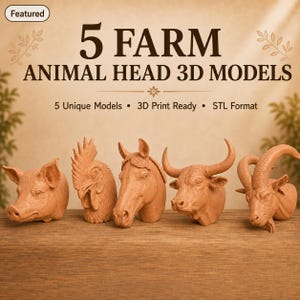 Könnte beinhalten: Fünf terrakottafarbene 3D-Modelle von Bauernhoftierköpfen, darunter ein Schwein, ein Hahn, ein Pferd, ein Stier und eine Ziege. Der Text lautet 5 FARM ANIMAL HEAD 3D MODELS, 5 Unique Models, 3D Print Ready und STL Format.
