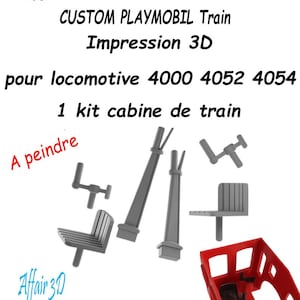 Puede incluir: Un conjunto de piezas de tren impresas en 3D y modelos de trenes. La imagen incluye una cabina de tren roja, varios componentes grises y varias locomotoras de trenes modelo. El texto incluye "CUSTOM PLAYMOBIL Train Impression 3D" y "A peindre."