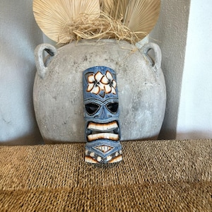 Hand Carved Blue Tiki Mask – Tribal Wall Art, Wooden Hawaiian Decor, Luau Party Decoration