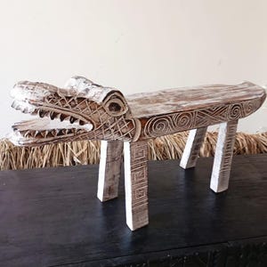 Hand-Carved Wooden Tribal Crocodile Bench | Turquoise Patina Wood Decor | Bali Handmade Ethnic Art