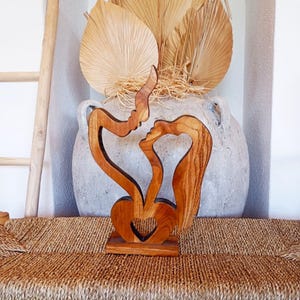 Hand Carved Teak Wood Couple Sculpture: Balinese Home Decor Gift