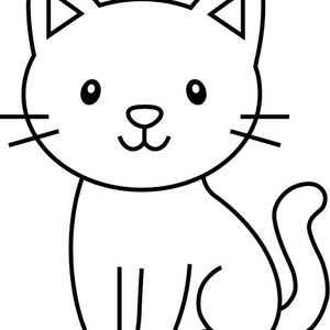 May include: A black and white cartoon illustration of a cat. The cat is sitting upright with its tail curled. The cat has large eyes, whiskers, and triangular ears. The image is a simple line drawing.
