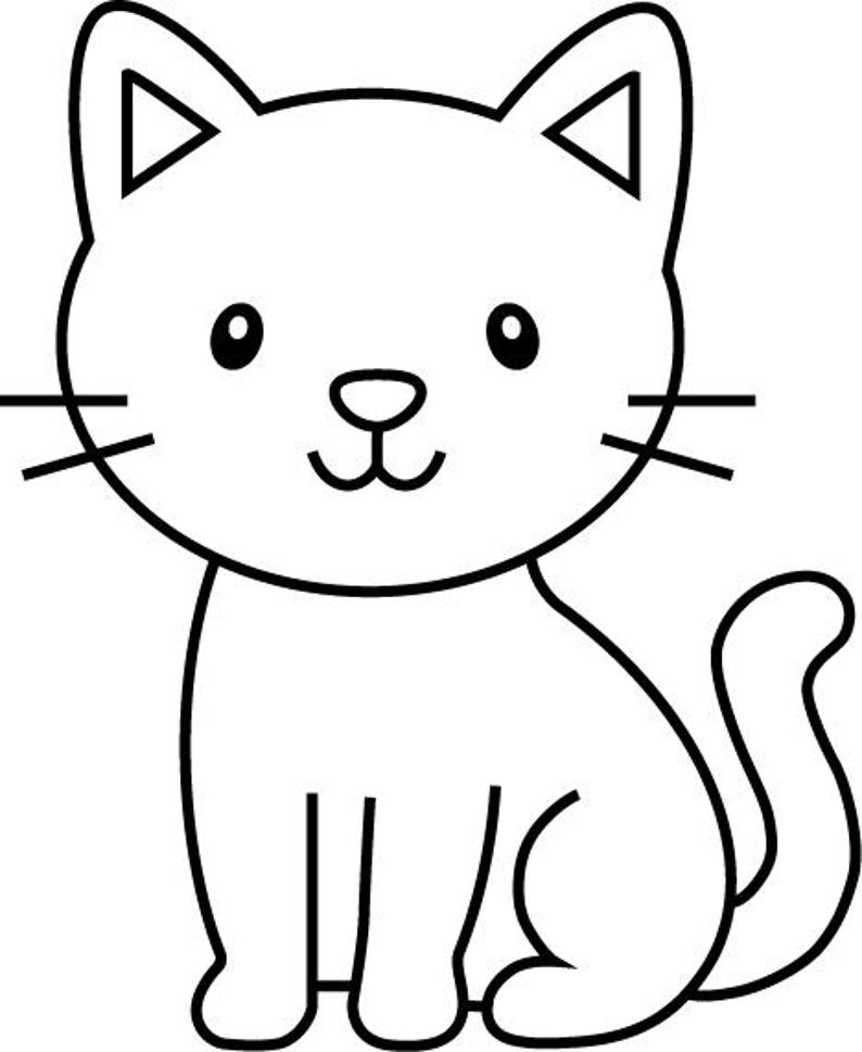 May include: A black and white cartoon illustration of a cat. The cat is sitting upright with its tail curled. The cat has large eyes, whiskers, and triangular ears. The image is a simple line drawing.