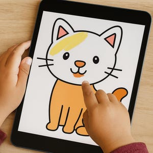 May include: A black tablet displays a cartoon cat illustration with orange and white coloring. The cat has black whiskers, a yellow patch on its head, and pink inner ears. A finger touches the cat's mouth on the screen.