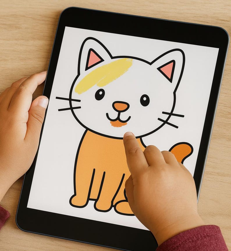 May include: A black tablet displays a cartoon cat illustration with orange and white coloring. The cat has black whiskers, a yellow patch on its head, and pink inner ears. A finger touches the cat's mouth on the screen.