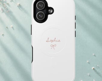 Pink Coquette Bow Magnetic iPhone 17 Case with Personalized Name Doodle Ribbon