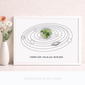 Puede incluir: Una impresión enmarcada con un dibujo de líneas negras de un sistema solar con un billete de 100 euros en forma de corazón en el centro. Debajo de las órbitas planetarias, el texto dice: COSMIC LOVE • John & Julia • 06.06.2026. Marco blanco.