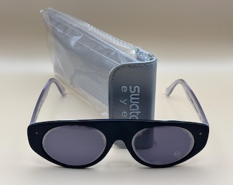 Swatch Eyes Vintage Sunglasses – 1990s Slim Rectangle Frame – Black & Frosted Clear – Minimalist Retro Collector
