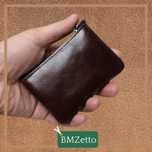 Echtleder Mini Geldbörse | Retro brauner Münzbeutel aus Leder | Schmaler Münz- und Schlüsselhalter aus Leder | Kleine Münztasche mit Reißverschluß | Halter