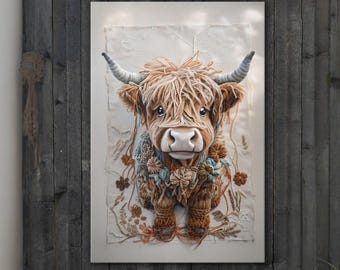 Boho Wall Art – Cute Highland Cow wall art  – Rustic Farmhouse Decor for kitchen, Rustic farmhouse decor wall decor