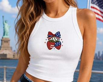 Embroidered Strawberry America Flag Crop Tank Top, 4th Of July Patriotic Tshirt, USA Independence Day