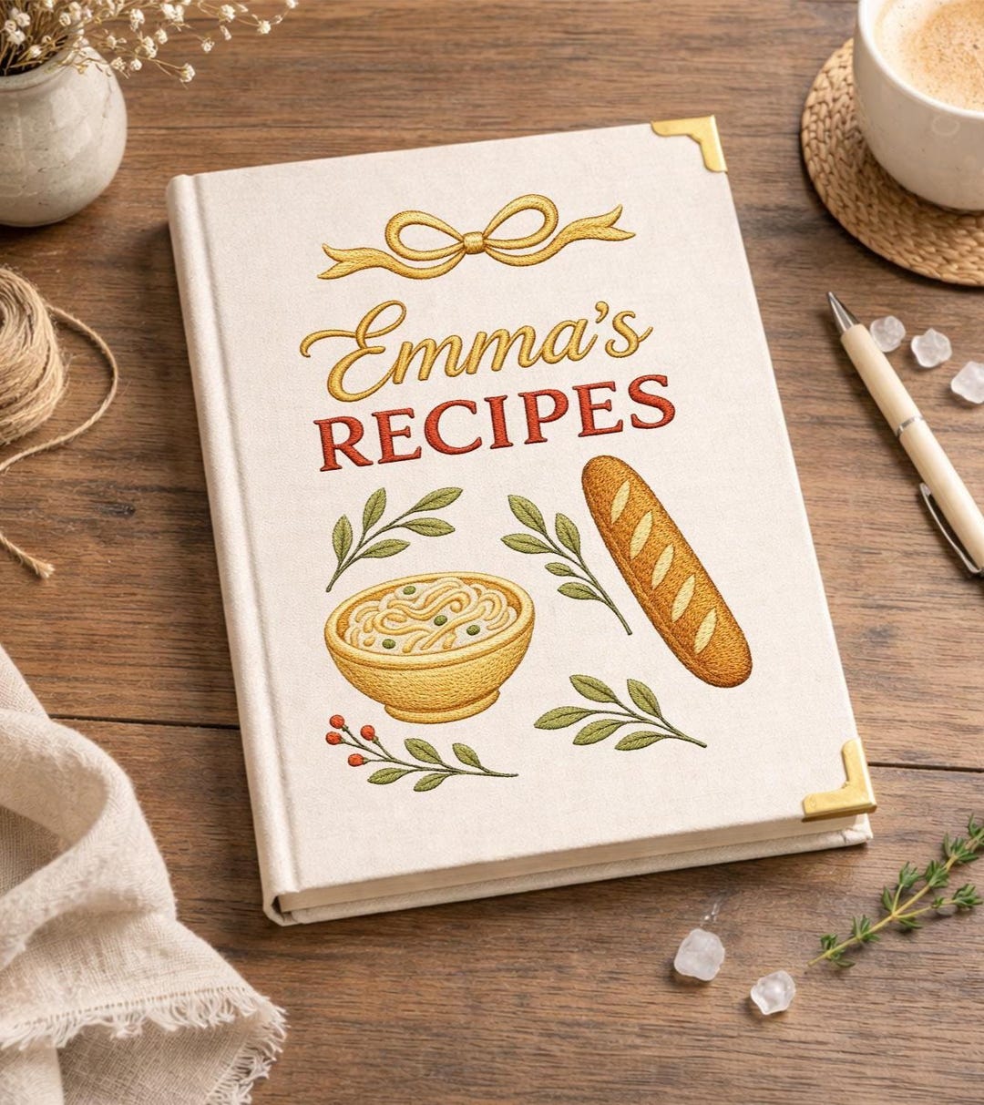 Embroidered Home Chef Custom Notebook, Vintage White Linen Culinary ...