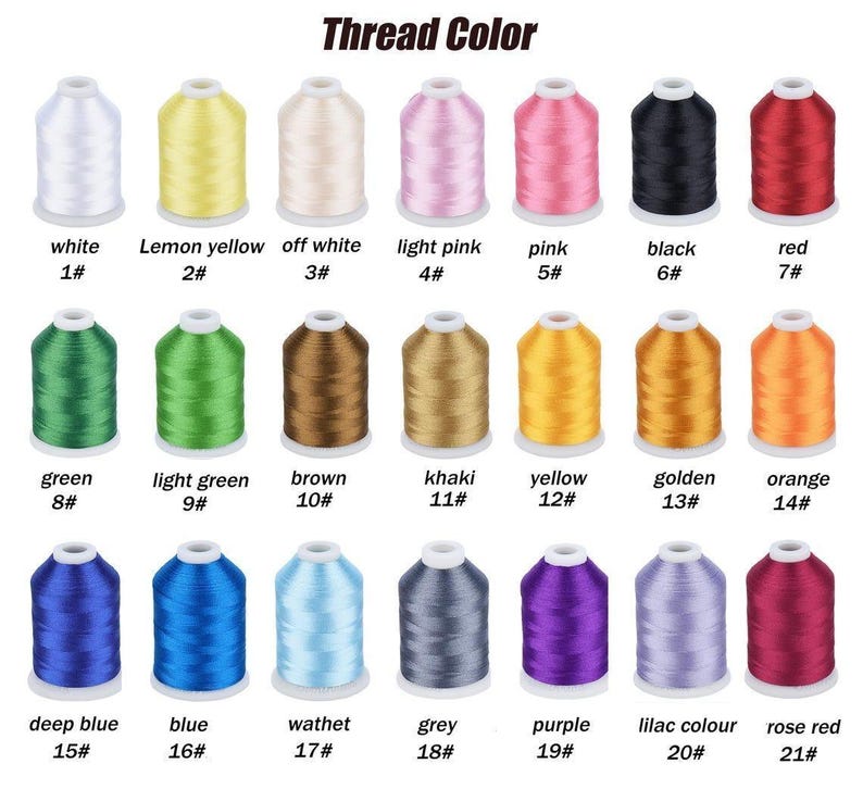 May include: A colour chart of thread spools in various colours, including white, yellow, pink, black, and red. Each spool is labelled with a colour name and a number. The text "Thread Colour" is at the top.