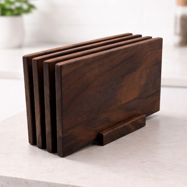 Walnut breakfast board set with stand – 4-piece solid wood board set – handmade serving and kitchen boards | MA Holzdesign